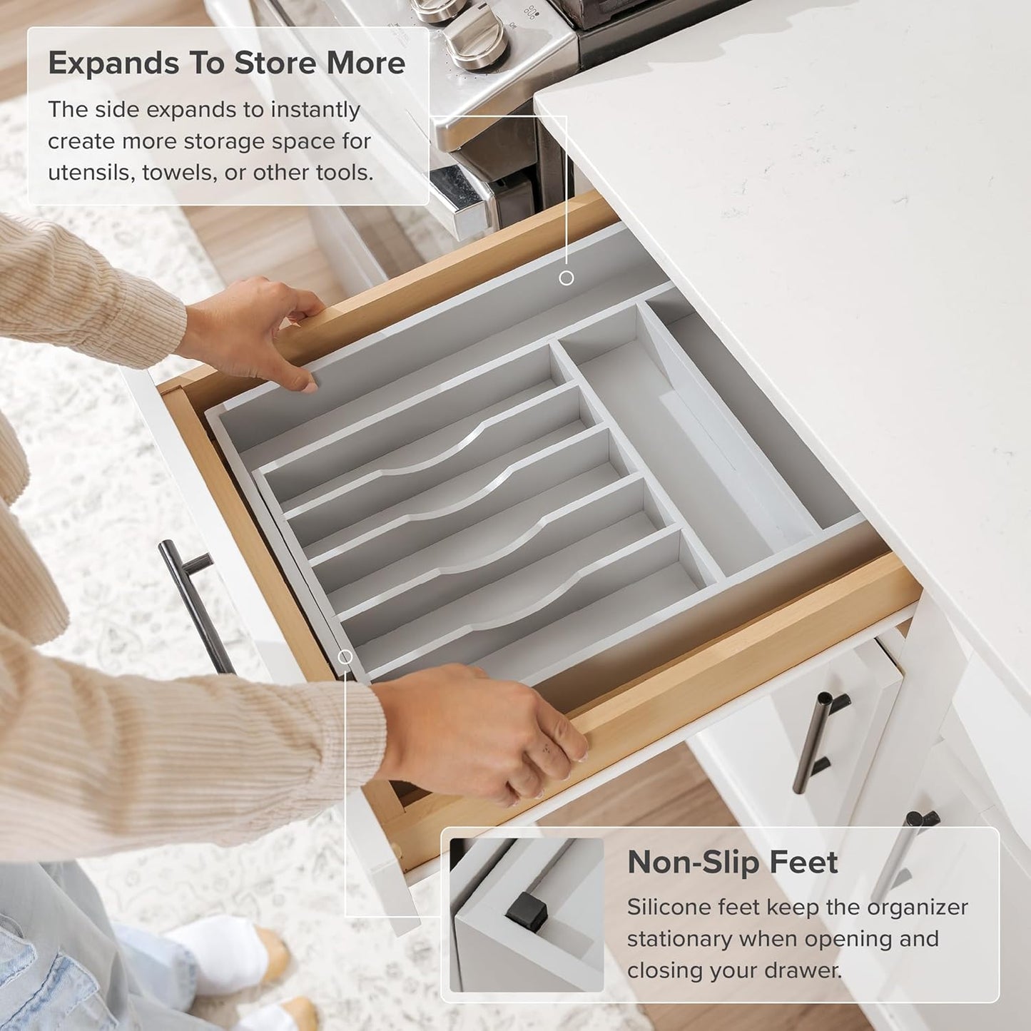 KitchenEdge Premium Silverware, Flatware and Utensil Organizer for Kitchen Drawers, Food-Safe Contract Grade, Expandable from 10.5 to 19 In, Gray Bamboo