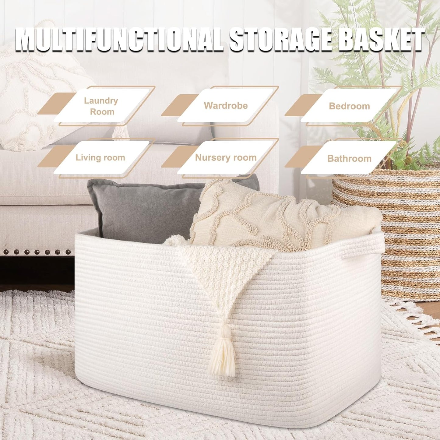 95L Large Storage Basket, Cotton Rope Woven Blanket Basket, Toy Storage for Baby Room, Living Room, 24" x 16.9" x 14.2", White