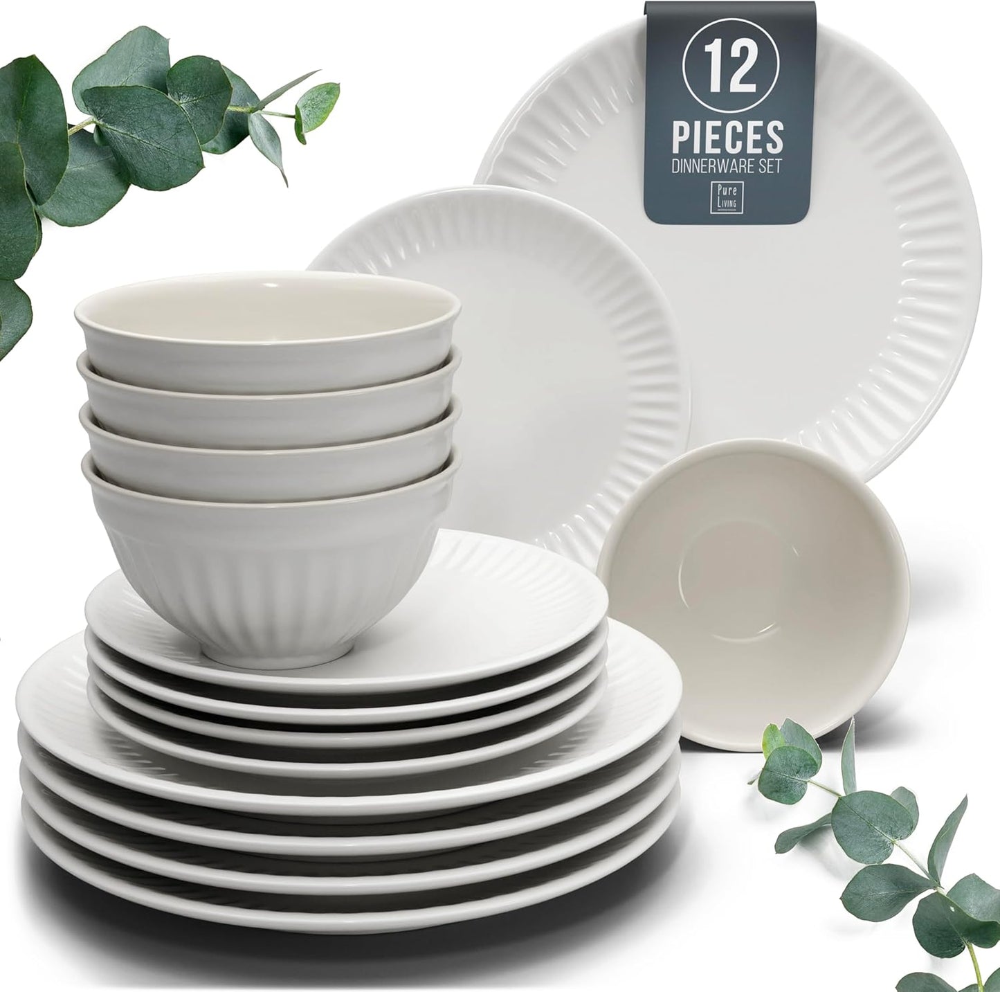 Stoneware Dinnerware Set for 4 People HYGGE 12-Piece - Elegant Scandi Design - Premium Dish Set - Bowl and Plate Set - Tableware for 4 People in a Ribbed Design - Pure Living in White
