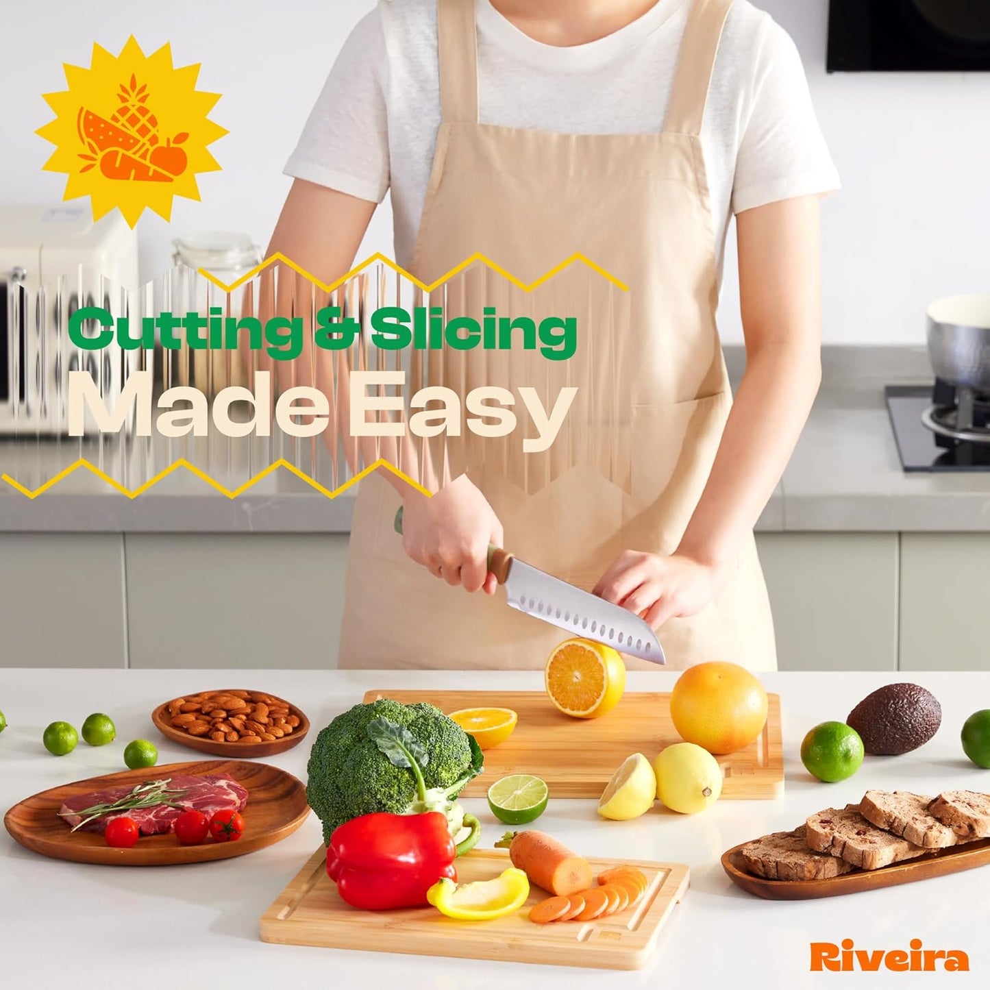 Riveira Bamboo Grandeur: 18 x 12 Bamboo Cutting Board Natural Wooden Cutting Board With Innovative Juice Grooves