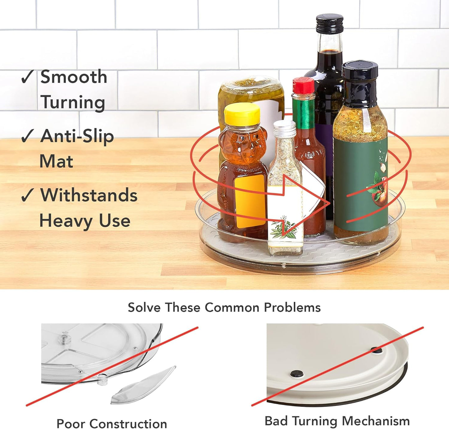 Spectrum Medium Lazy Susan Organizer 9.5 in for Cabinet Refrigerator Pantry Table Rotating Kitchen Storage Spice Rack Fridge Organization, Oyster Gray Spinning Turntable for Sauces Jams Condiments