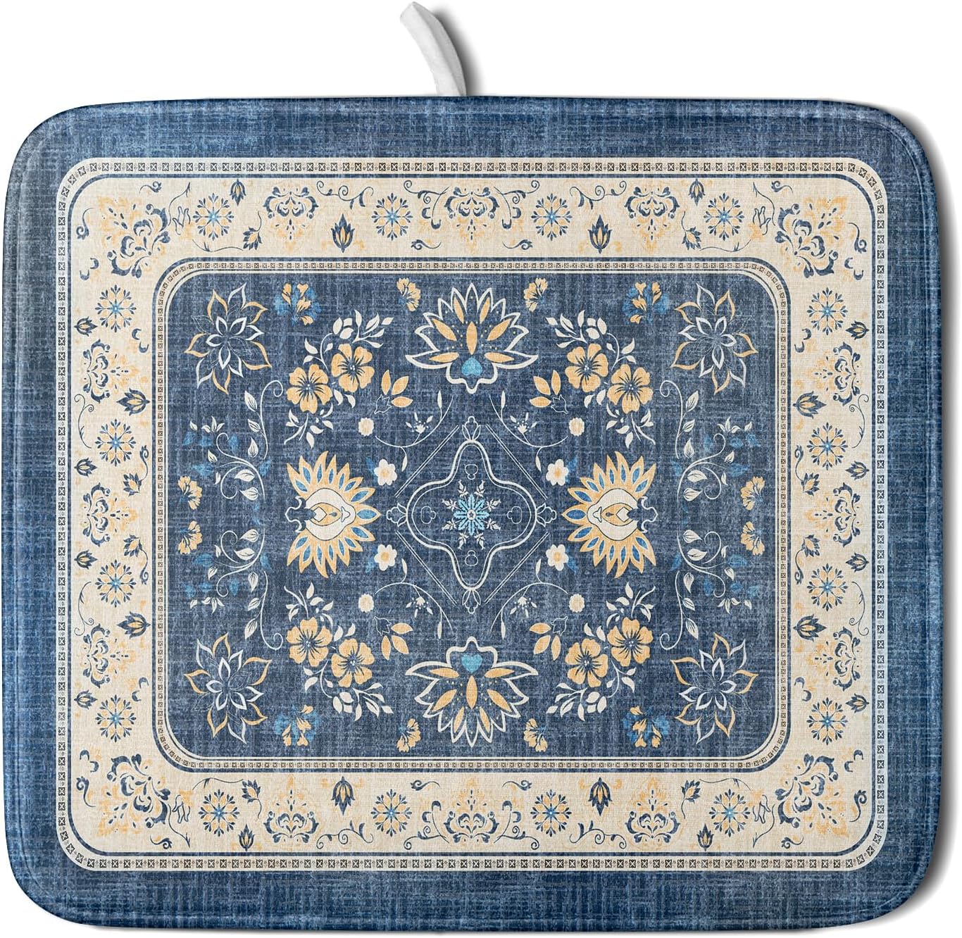 Blue Boho Dish Drying Mat for Kitchen Counter 16x18 Inch Fast Dry Drying Pad Vintage Floral Dish Drainer Rack Mats Coffee Bar Accessories