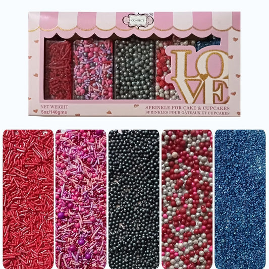 Confect Edible Sprinkles for Cake Decorating - Red Jimmies, Blush Pink Red Gun Metal Silver Pearl Mix with Navy Sparkling Sugar | Vegan, Gluten-Free, Dessert Topping - 5 Oz