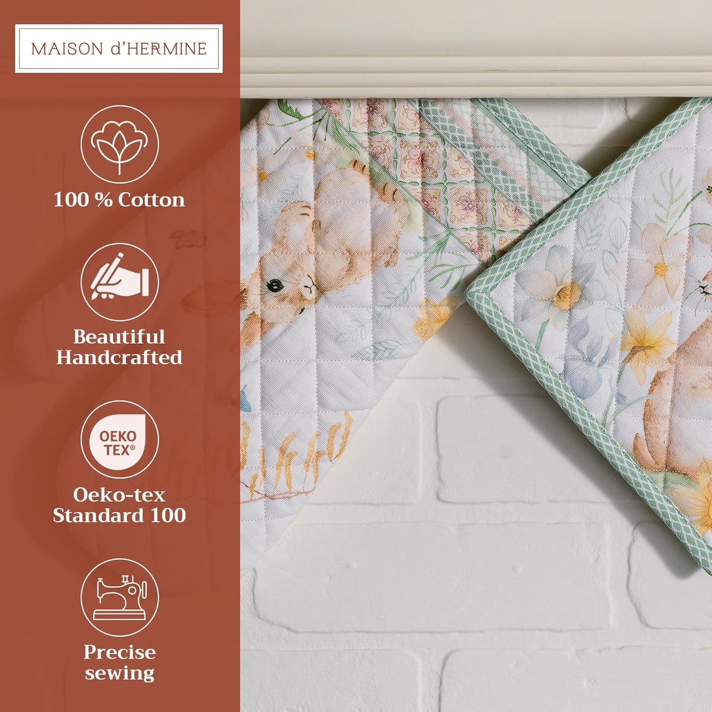 Maison d' Hermine 100% Cotton Oven Mitt & Pot Holder Set (7.5"x13" & 8"x8") Heat Resistant BBQ Cooking Gloves with Loop, Baking, Grilling, Kitchen, Handling Hot Pans Spring/Summer (Easter Dew)