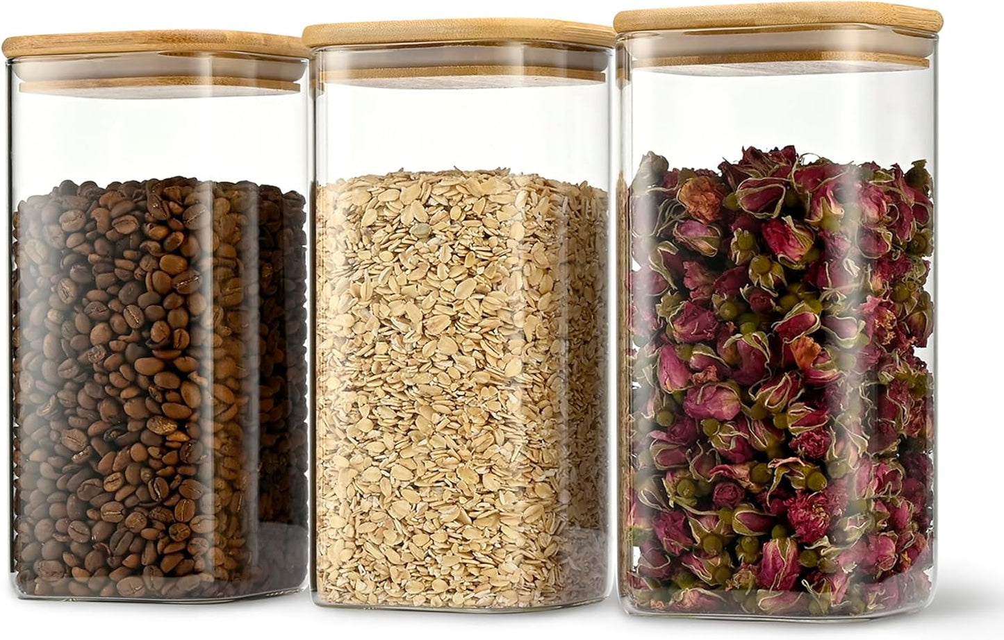52oz Airtight Glass Square Storage Canister with Bamboo Lid Set of 3 (1550ml) Container Stackable Spice Jar, Kitchen Canister for Flour, Cookies, Cereal and Coffee beans (‎with Black Lable)