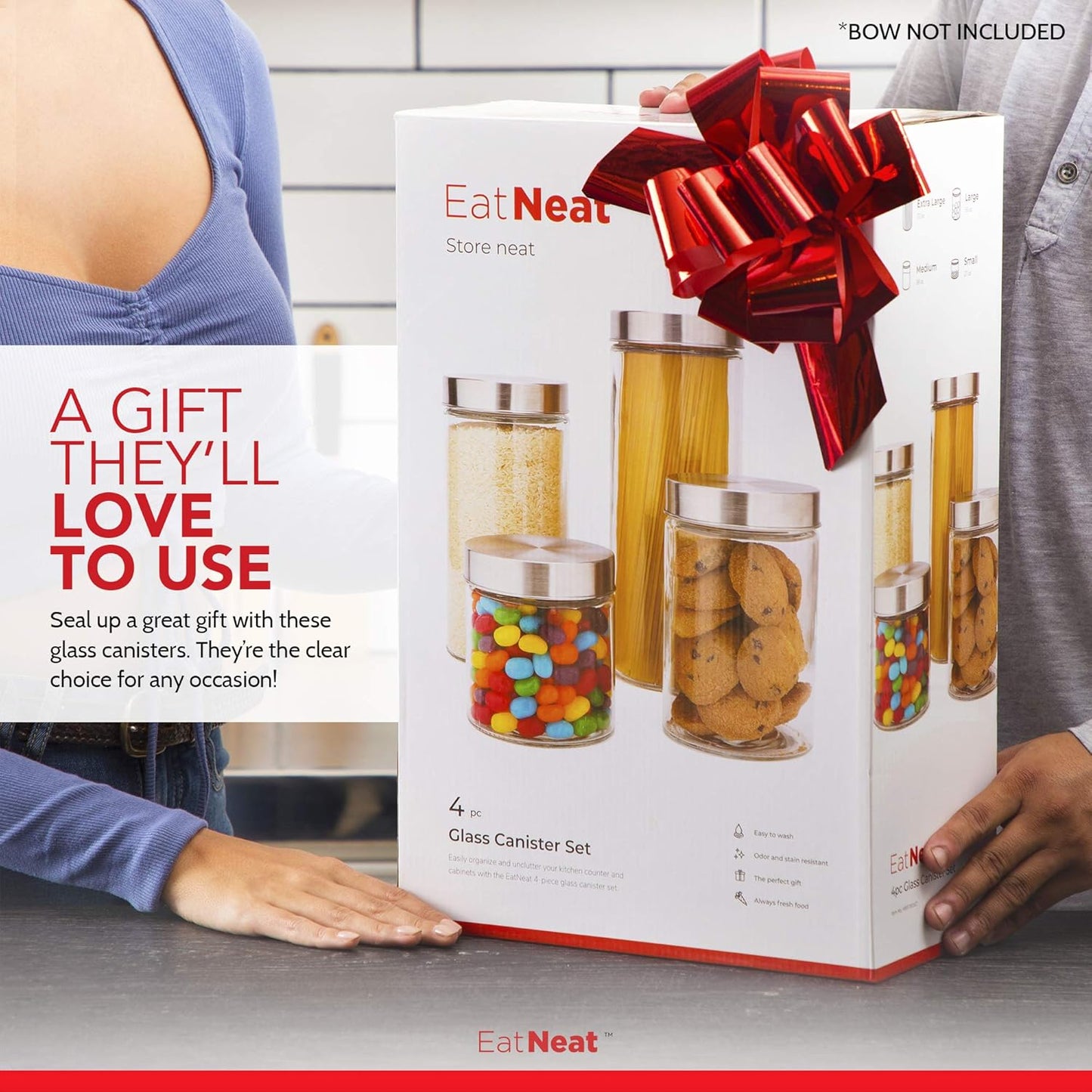 EatNeat 4-Piece Sleek Glass Canister Set with Brushed Stainless Steel Lids – Giftable, Durable Storage Containers for Countertop Use – Dishwasher-Safe Jars in Various Sizes for Pantry & Kitchen