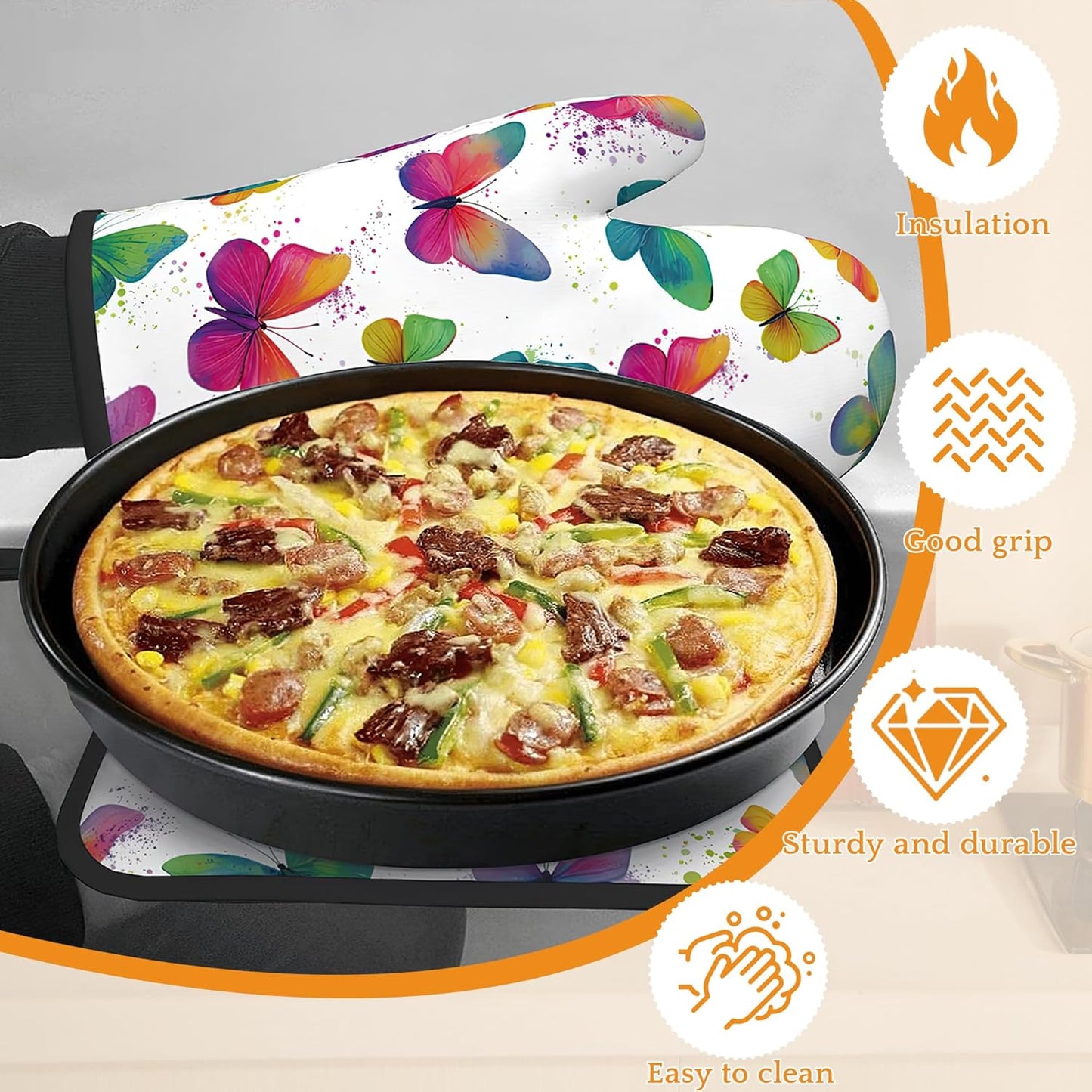 Colorful Butterfly Oven Mitts and Pot Holders,Heat Resistant Oven Mitts Gloves and Pot Holder for Home Kitchen Decorations Cooking Baking BBQ Gifts,Set of 4