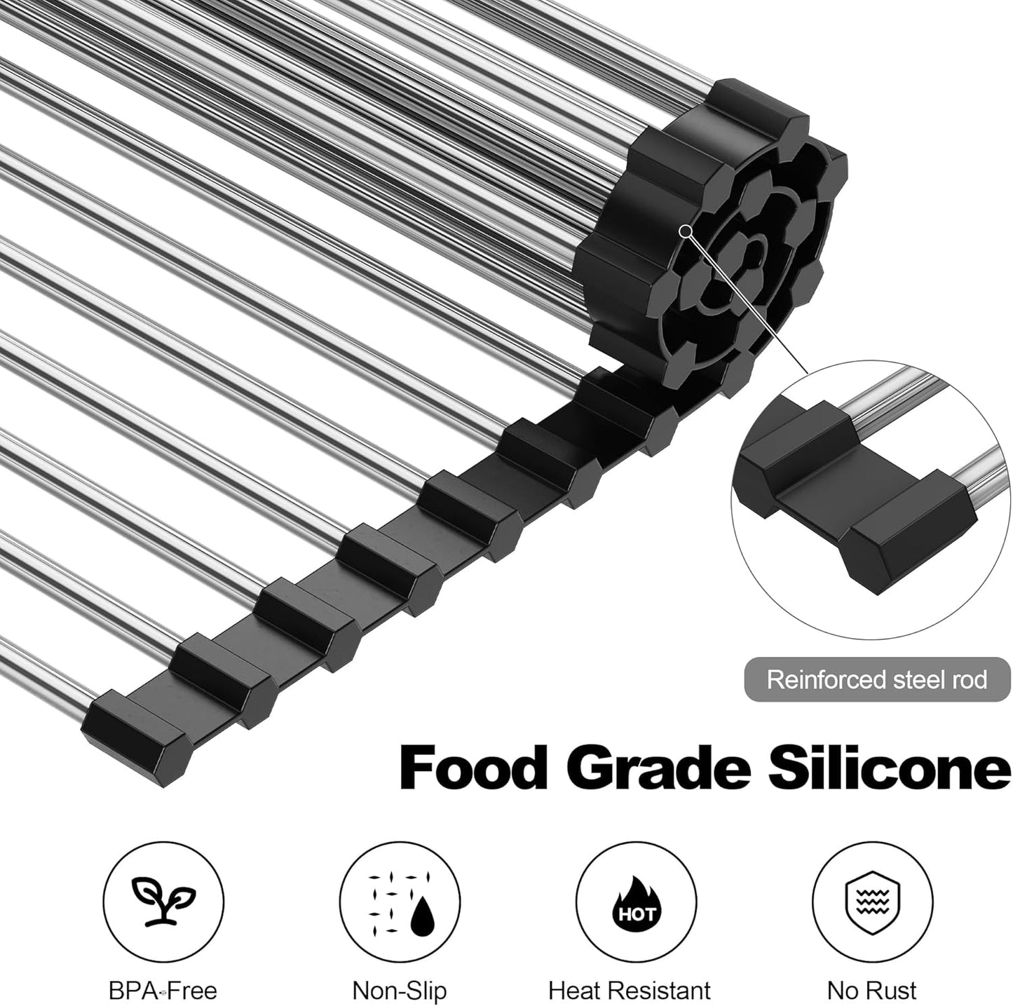 NEZUIBAN Dish Drying Rack with Roll Up and Over Sink for Kitchen,17.5"x11.8",Black