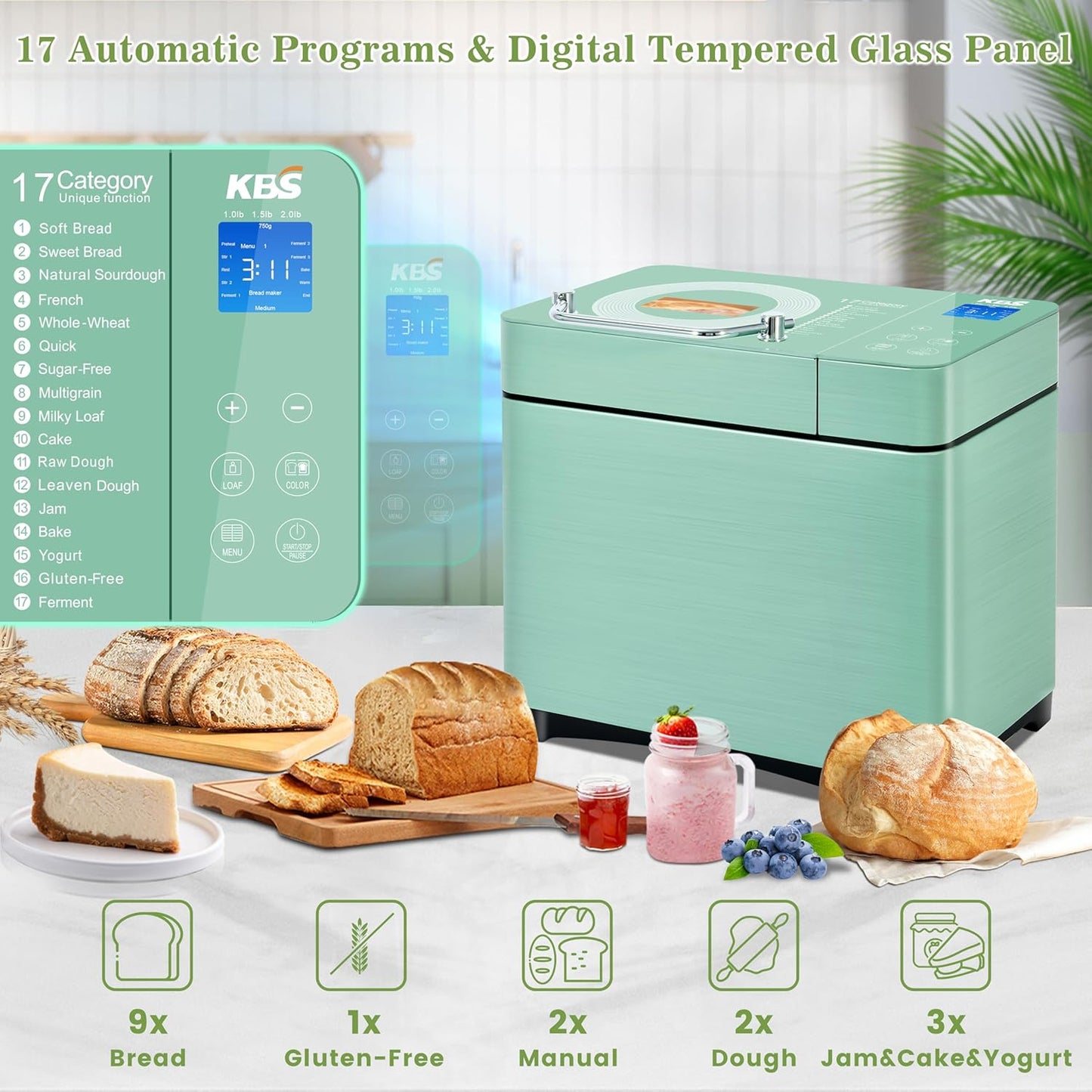 KBS 710W Convection Bread Maker Dual Heaters,2.2LB Bread Machine with Healthy Ceramic Pan&Auto Fruit Dispenser,17-in-1 Bread Maker Machine Gluten Free,Stainless Steel 15H Timer&Keep Warm, Touch Panel