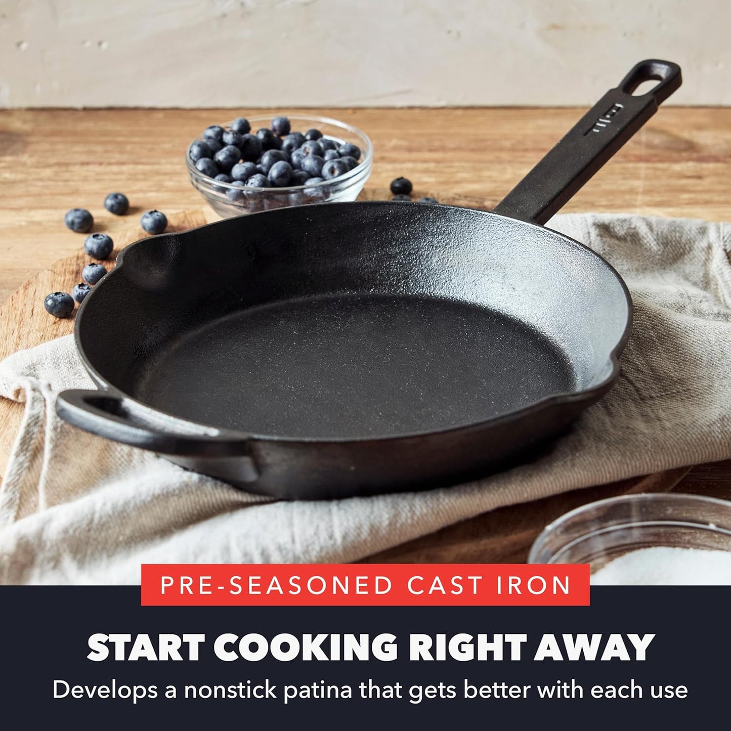 GreenPan x Bobby Flay 10” Cast Iron Pre-Seasoned Skillet with Helper Handle, Professional Grade Heavy Duty, Induction, Pour Spouts, Versatile Stovetop, Oven, BBQ Grill Fire, Indoor/Outdoor Use, Black