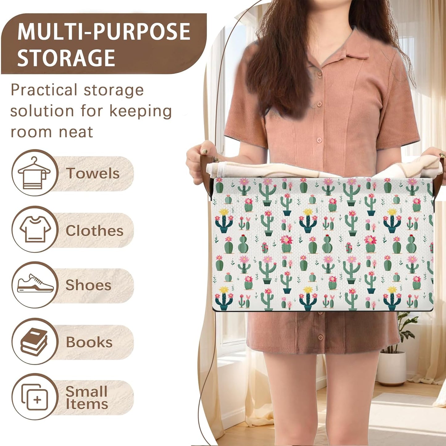 Desert Bloom Storage Basket Large 17x11.5x10.5 Inche-Collapsible Fabric Organizer Bin with Handles for Southwest Decor, Nursery, Boho Style-Decorative Hamper with Succulent & Flower-Single Pack