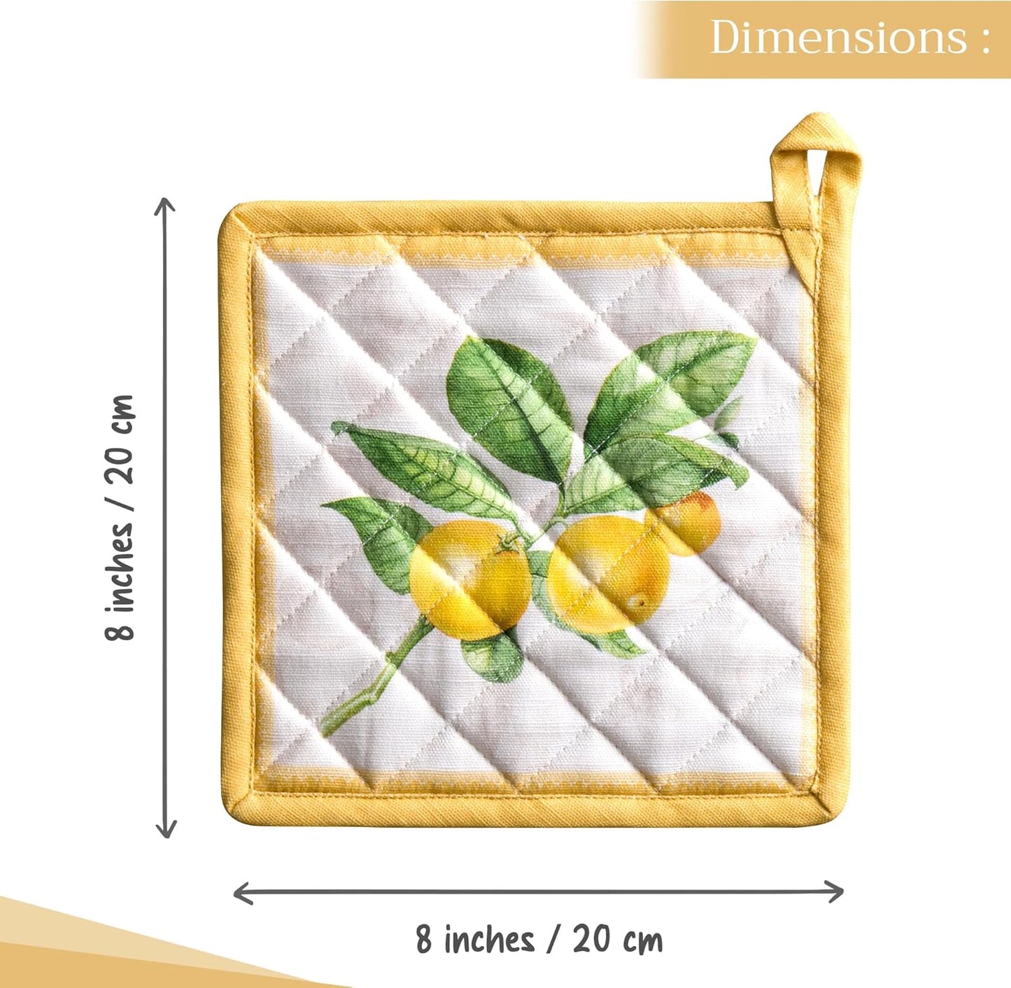 Maison d' Hermine Pot Holders 100% Cotton Heat Resistant Potholders 8" x 8" Hot Pads with Loop BBQ, Cooking, Baking, Grilling, Kitchen, Handling Hot Pans Spring/Summer (Pack of 1, Limoncello)