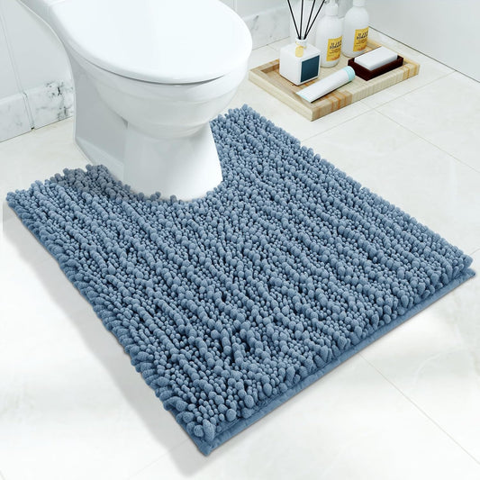 Yimobra Toilet Rug U Shaped Washable 24x20 Inch - Ultra Soft Absorbent Chenille Bath Rugs for Toilet, Quick Dry & Machine Washable, Non Slip Contour Bathroom Mat, Denim Blue