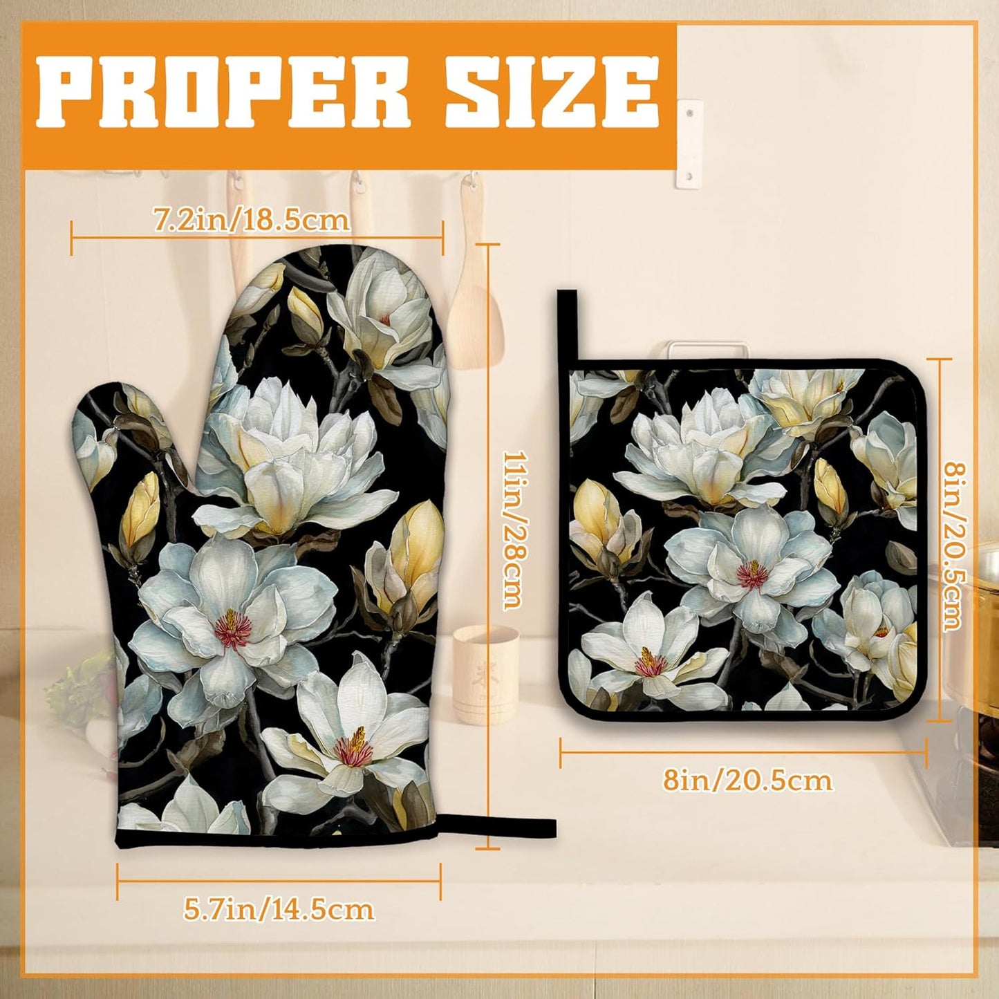 Vintage White Magnolia Oven Mitts and Pot Holders,Heat Resistant Oven Mitts Gloves and Pot Holder for Home Kitchen Decorations Cooking Baking BBQ Gifts,Set of 4