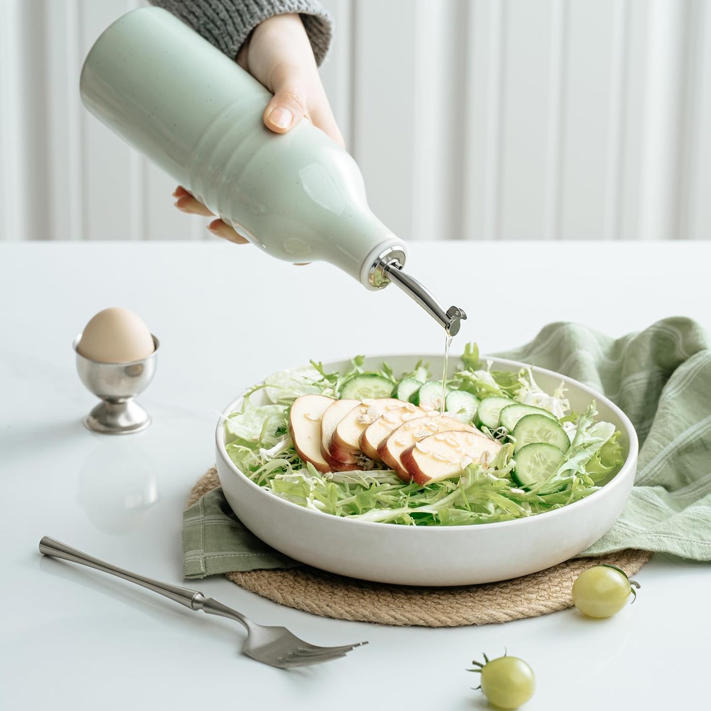 famiware Jupiter 16oz Ceramic Olive Oil Dispenser Bottle, 1 Piece Oil Dispenser for Kitchen with Stainless Steel Pourers, Suitable for Storage Vinegar, Soy Sauce, Coffee Syrup, Light Green