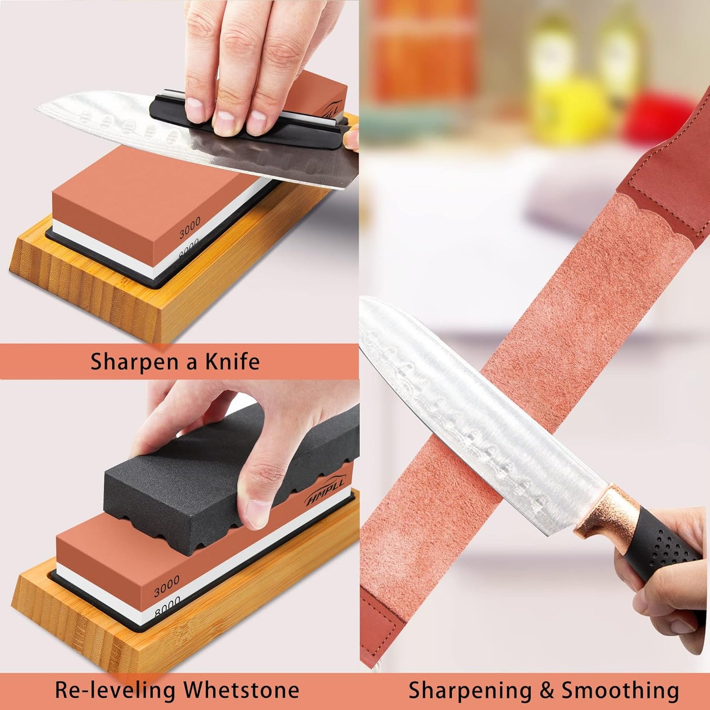 Knife Sharpening Stone Set, Professional Whetstone 4 Side Grit 400/1000 3000/8000, Whetstone Knife Sharpener Stone Set Include Non-slip Base, Leather Strop, Flattening Stone & Angle Guide