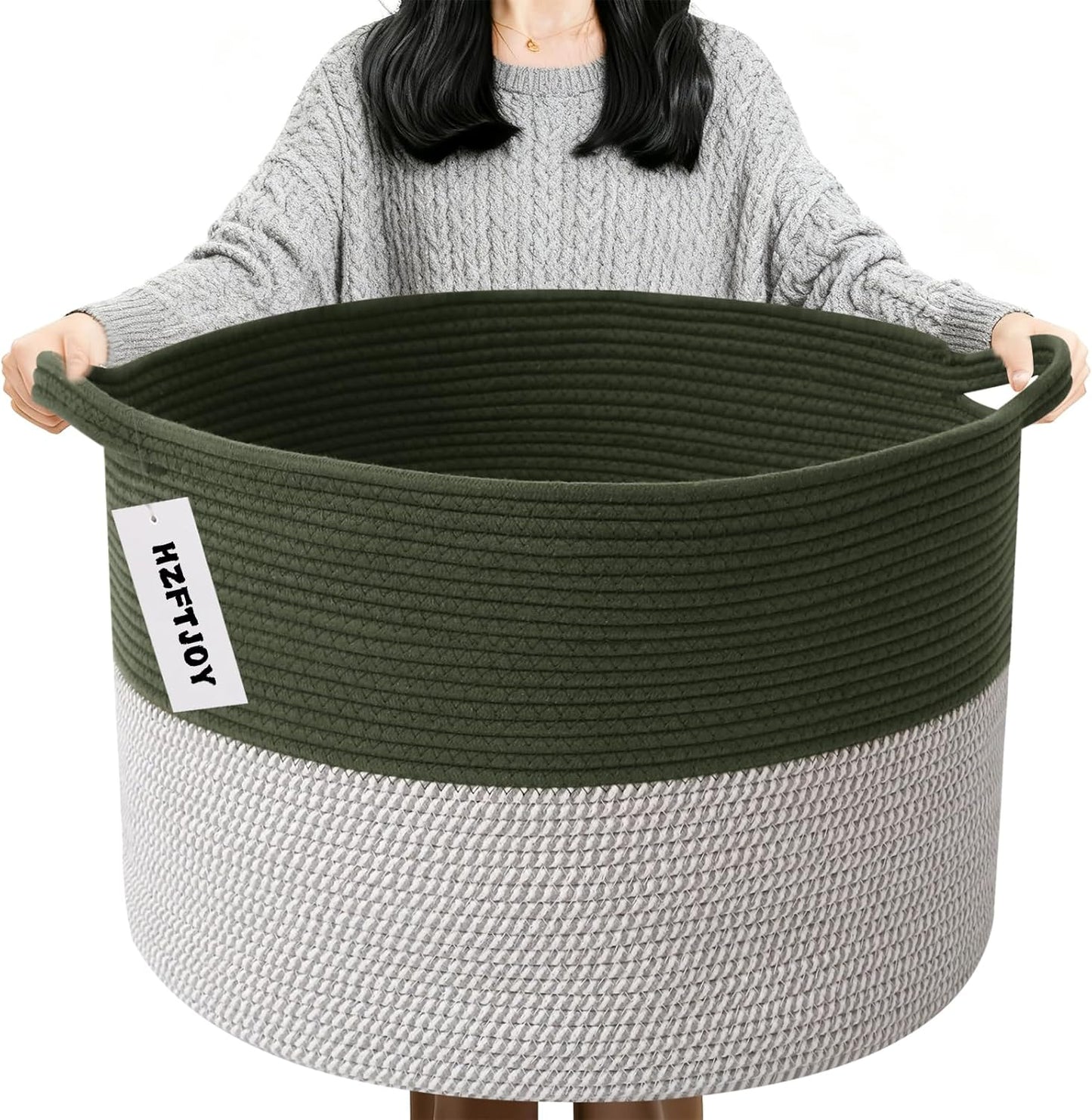 Large Blanket Basket for Organizing,65L Closet Organizers and Storage Bins Box for Shelves Woven Rope Storage Baskets,Living Room,Bedroom,Dorm,Laundry room (Green&White)