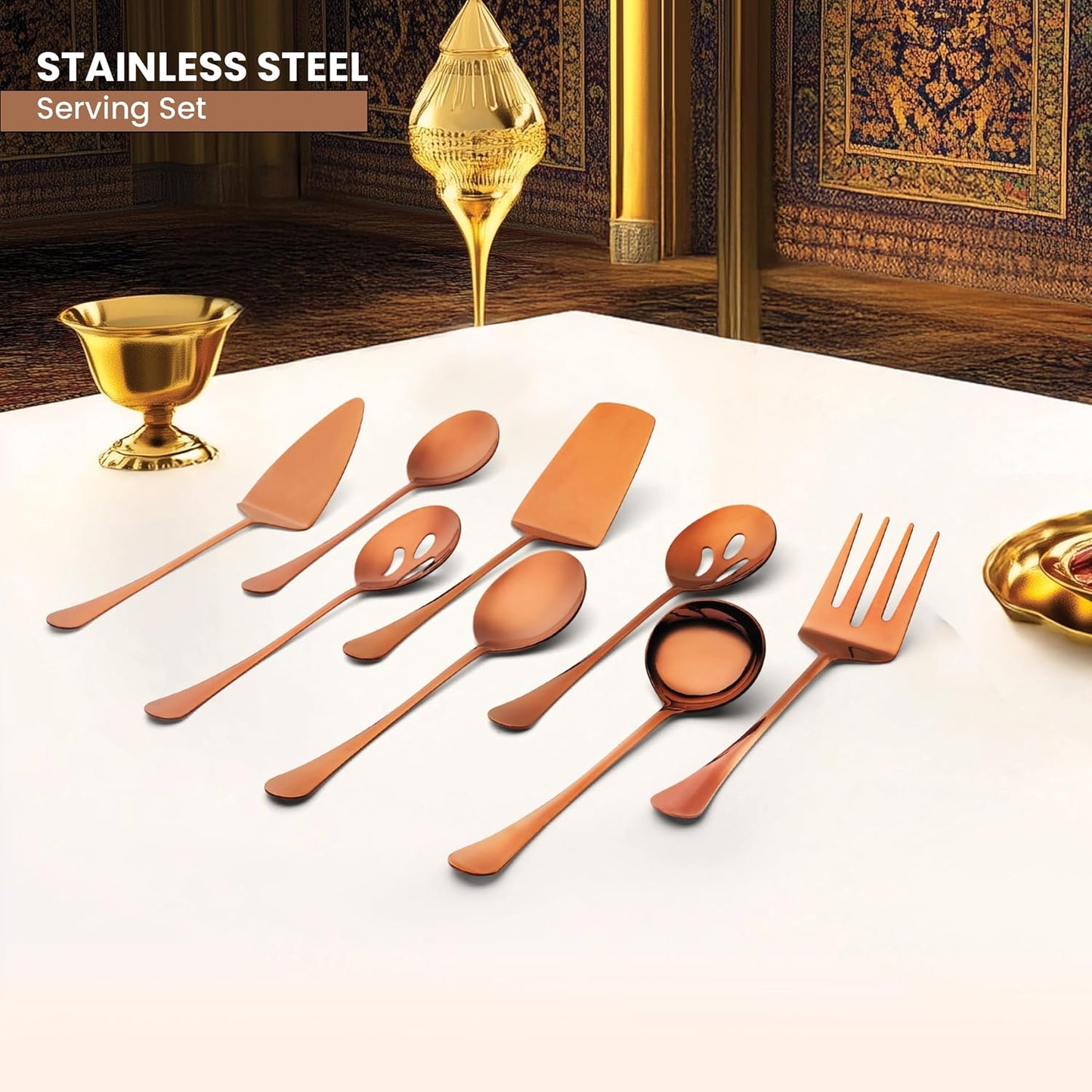 Avador® Premium Set of 8 Stainless Steel Hostess Serving Utensil Tool Set for Weddings | Buffer | Party | Kitchen | Restaurants (Rose Gold Plated)