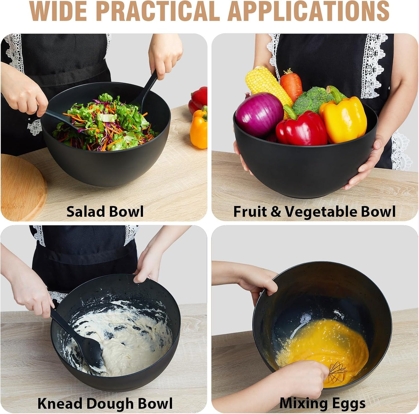 12.6" Extra Large Salad Serving Bowl Set with Wooden Lid&Utensils, 8.4Qt., Bamboo Fiber Salad Bowl with Servers for Kitchen, Big Bowl for Mixing Salad,Fruit,Pasta (Matte Black)