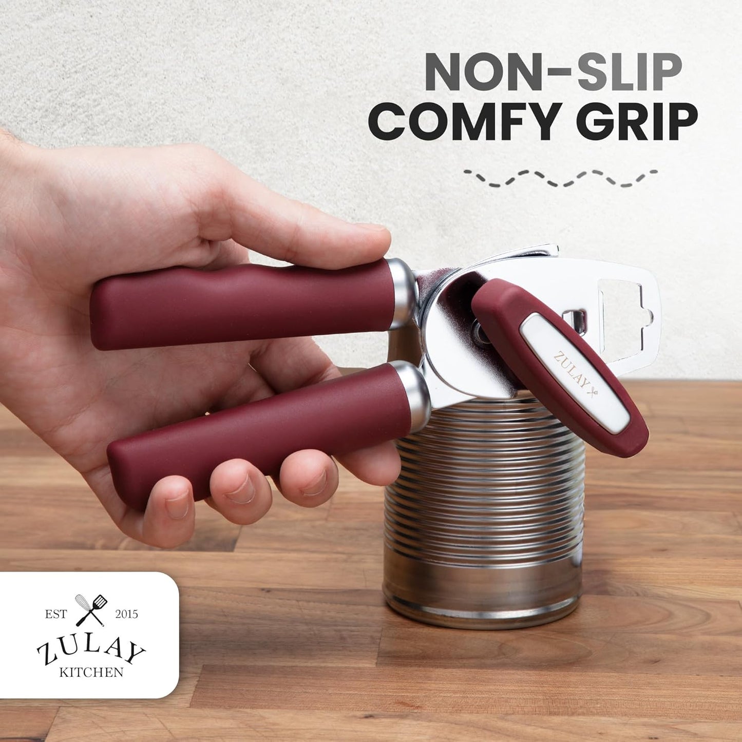 Zulay Kitchen Heavy Duty Stainless Steel Can Opener Manual with Bottle Opener - Rust Proof Manual Can Opener With Turn Knob & Comfy Soft Grip Handles - Deep Red