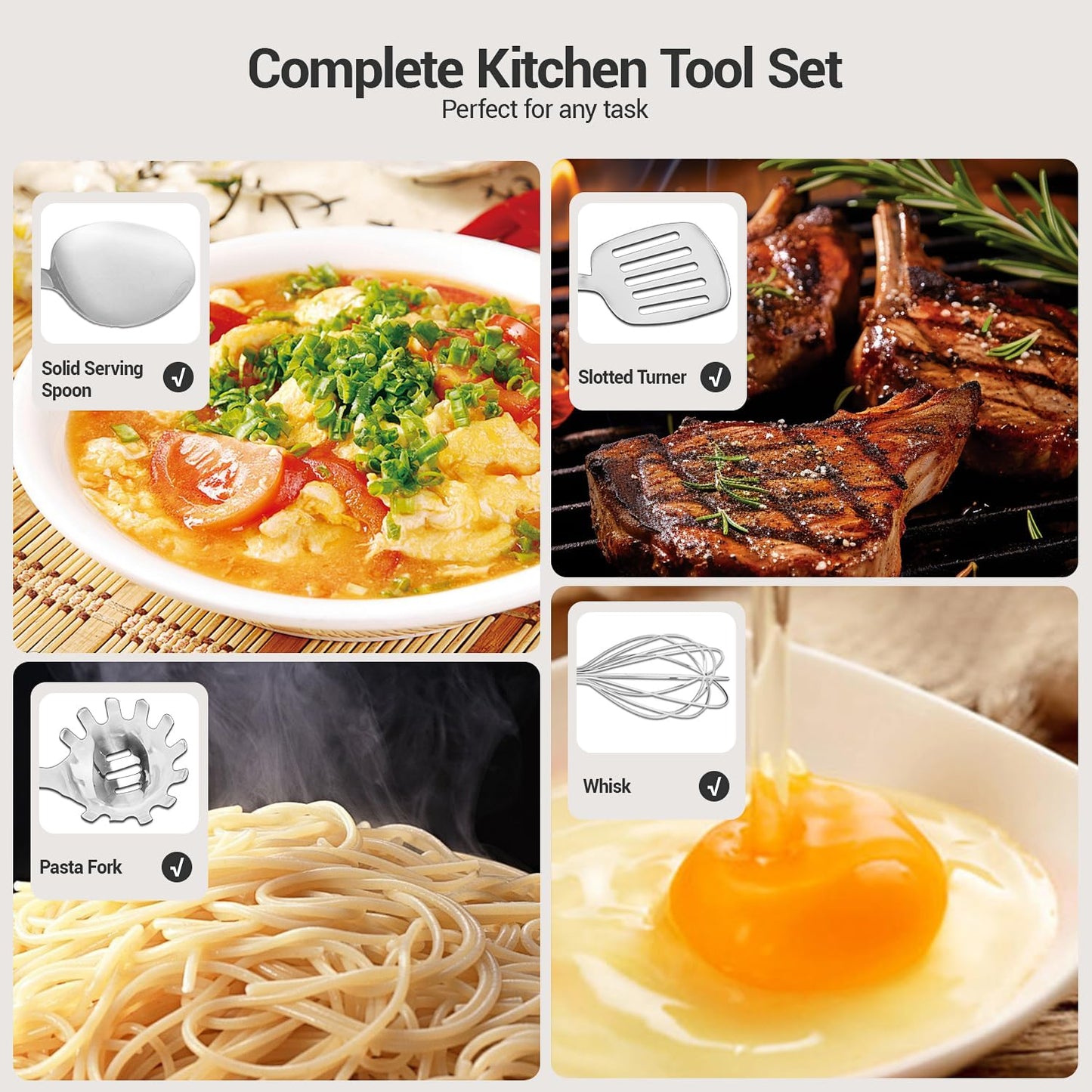 10PCS Cooking Utensils Set, Stainless Steel Utensils Set Non Slip Handle Heat Resistant Kitchen Cooking Tools Durable Metal Utensil Spatula, Spoon, Whisk, Ladle, Pasta Fork