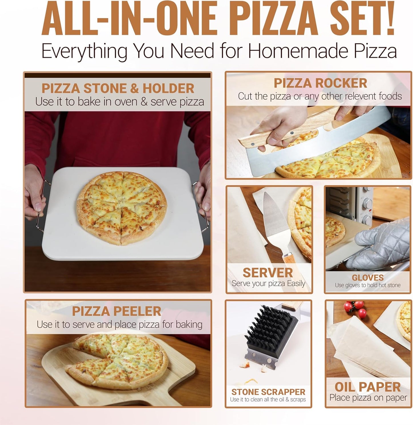 8 PCS Pizza Stone Set, Extra Large 15×12 Inch Pizza Stone for Grill, Rectangle Baking Sone With Pizza Kit for Pizza, Bread, BBQ Grilling, Pizza Peel Set