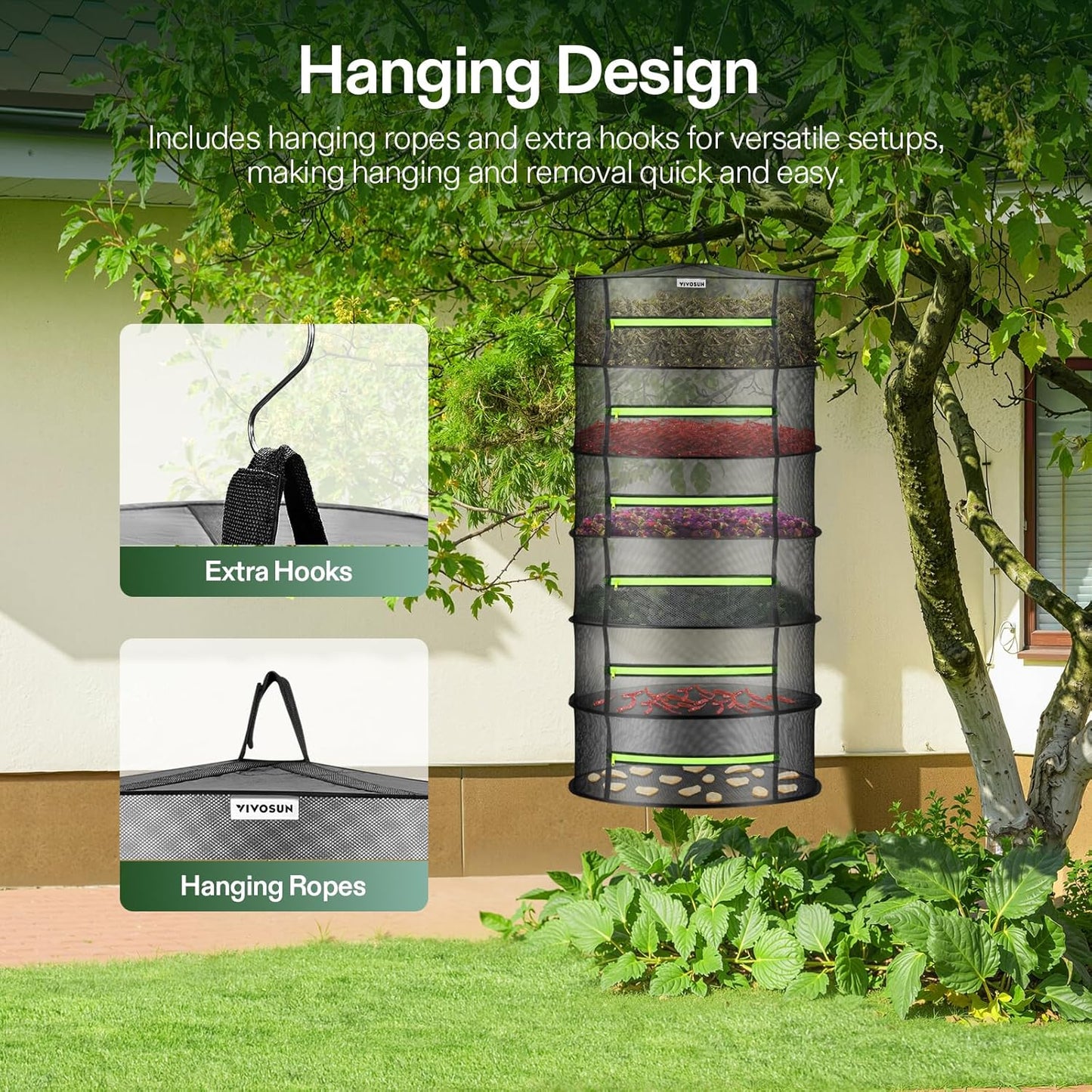 VIVOSUN 6-Layer Mesh Drying Rack Hanging Design with Green Zippers for Dehydrating, Indoor and Outdoor Pruning Shears Included