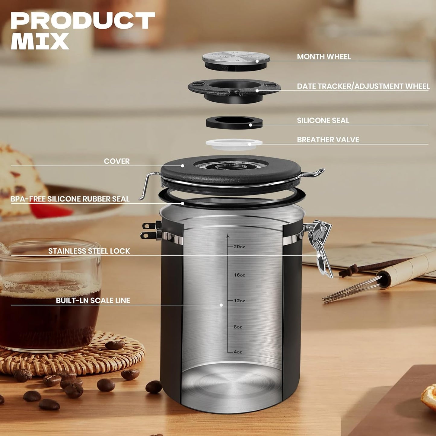 Coffee Canisters with Window,Scoop and Airtight Lid Stainless Steel Kitchen Bean Storage Grounds Container（22OZ/Black)Date Tracker and Scoop for Grounds Coffee Bar Accessories Beans, Cereal, Sugar