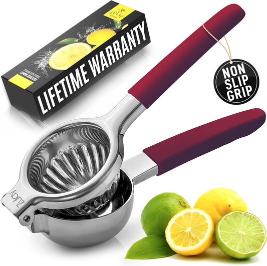 Zulay Lemon Squeezer Stainless Steel with Premium Heavy Duty Solid Metal Squeezer Bowl and Food Grade Silicone Handles - Large Manual Citrus Press Juicer and Lime Squeezer Stainless Steel (Cranberry)