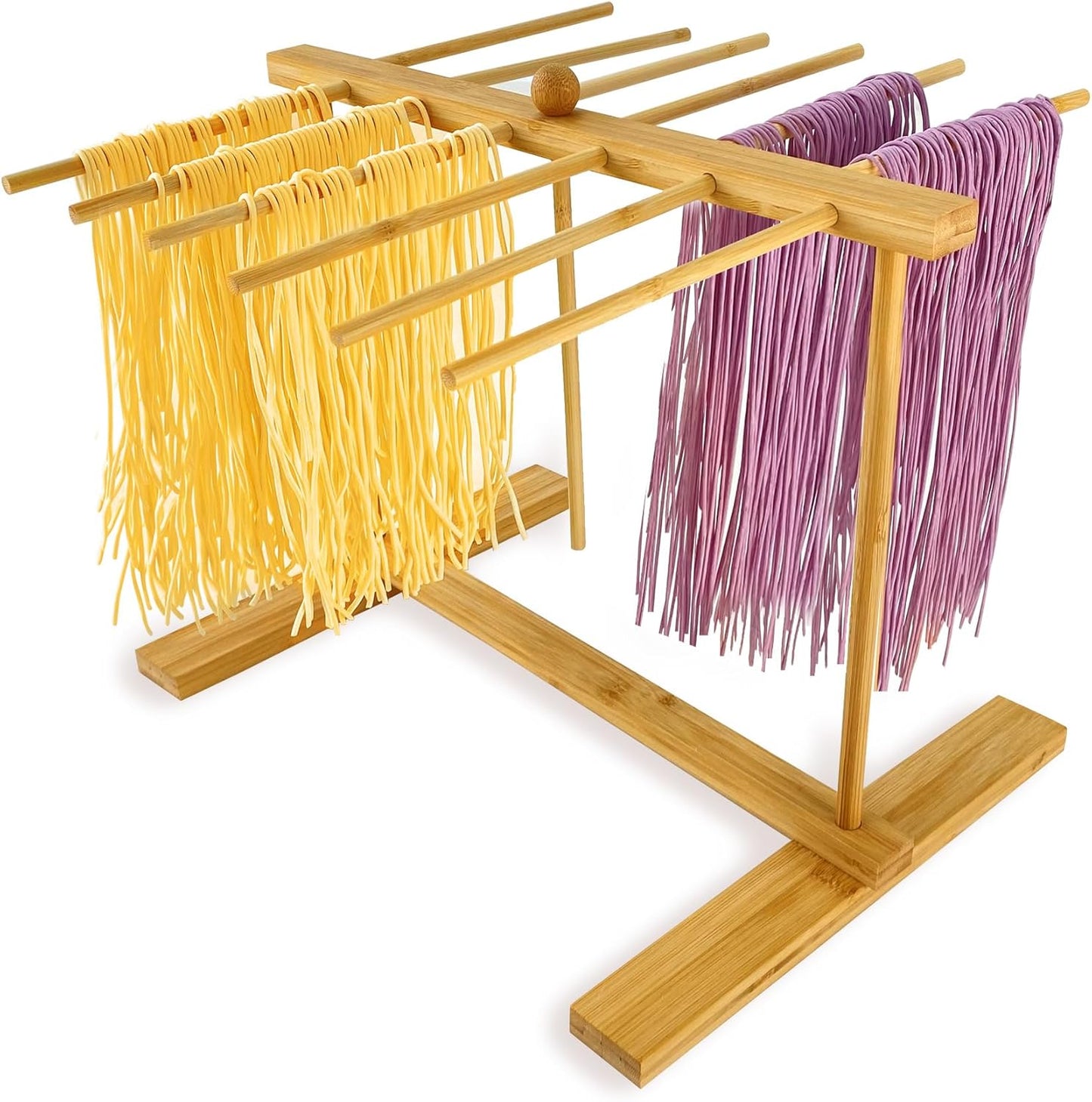 Bamboo-Pasta-Drying-Rack with Transfer Wand & 12 Arms, Large Collapsible Fresh Pasta Dryer Holder for Homemade Noodle, Spaghetti, Tagliatelle, Detachable Fettuccine Hanger Stand with 12 Bars