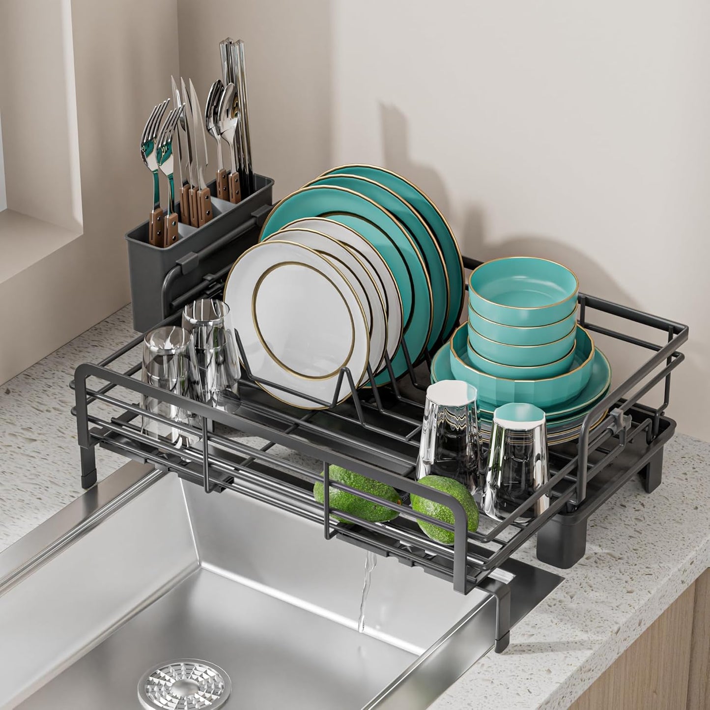 Small Dish Drying Rack - Extendable Dish Rack for Kitchen Counter, Rustproof Dish Drainers with Utensil Holder, Perfect for Apartments, RVs and Small Spaces,16.5" D x 7.5"-12.5" W x 6.5" H