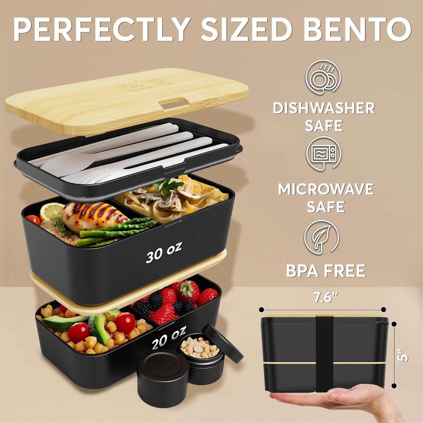 Umami Bento Box All-in-1 w/ 4 Utensils, 100% Leakproof, Dishwasher & Microwave Safe Lunch Containers for Adults w/ 4 Compartments, Black & Tan, 50 oz