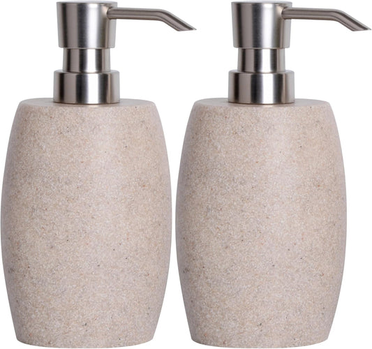 Sandstone Textured Resin Soap Dispenser with Metallic Pump and Waterproof Bottle Labels for Bathroom Kitchen Dish Hand Wash Shower Lotion Shampoo, 12 Oz, 2 Sets Beige