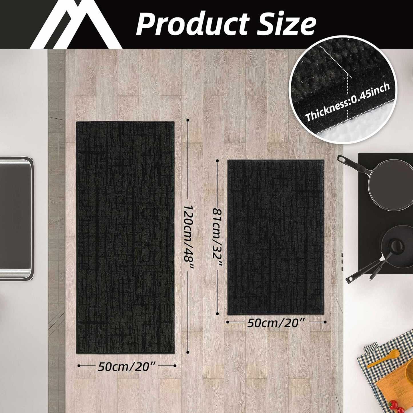 COSY HOMEER Kitchen Rugs 20"x32"+20"x48" Absorbent Soft Kitchen Mats for Floor Non Slip Kitchen Runner Rug Polyester Washable Kitchen Floor Mats for Sink Mat,Hallway,Laundry,Black