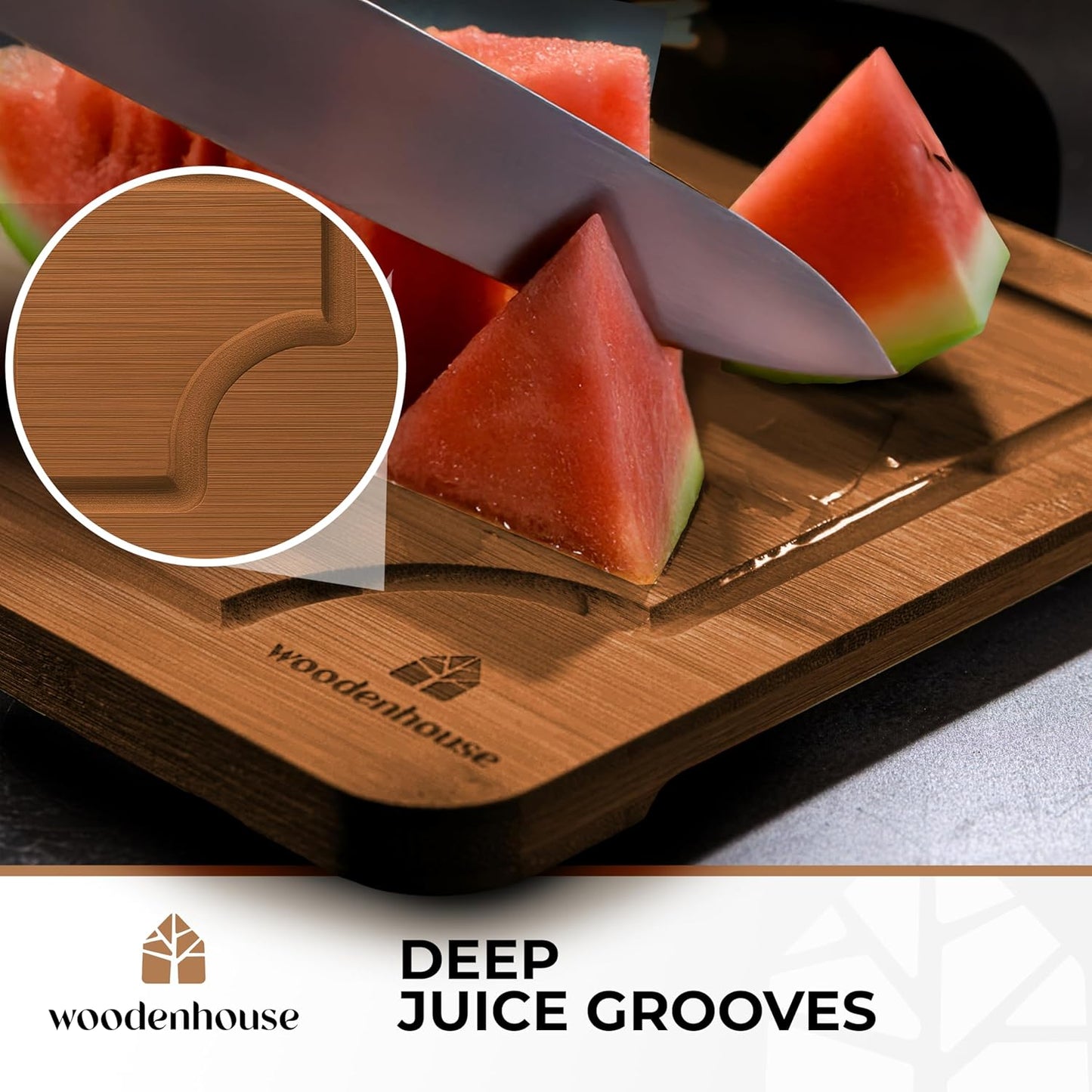 Wood Cutting Boards Set of 3 – Thick & Sturdy Bamboo Cutting Board with Deep Juice Grooves & Build-in Handles, Large Surface, Easy to Clean – for Meat, Vegetables and Fruits