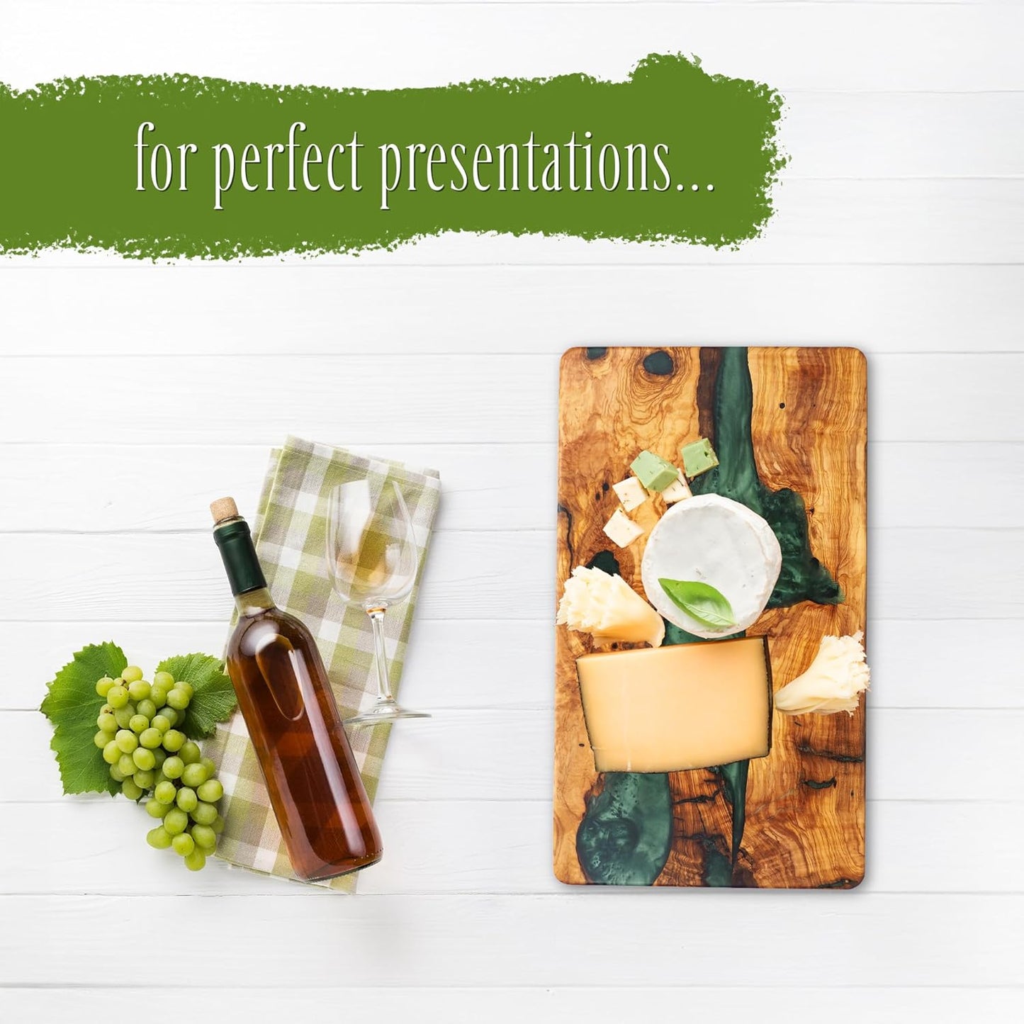 Handmade Epoxy Cutting Board & Charcuterie Board - Decorative, Olive Wood Boards for Serving Cheese, Fruit, Meat - Ideal for Kitchen, Unique Housewarming Gift - Emerald Resin