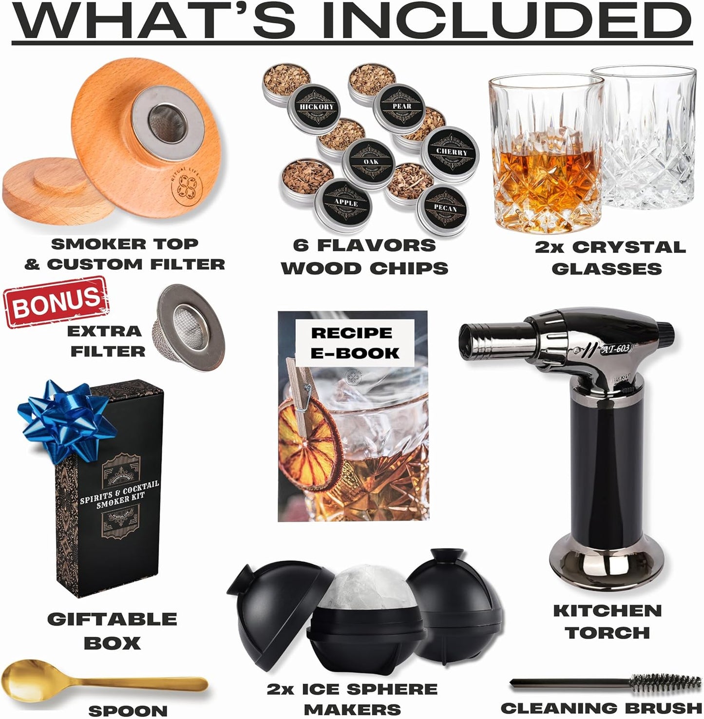 Whiskey Smoker Kit - Cocktail Smoker Kit with Torch, 2 Whiskey Glasses, 2 Ice Ball Makers, 6 Flavors Wood Chips - Old Fashioned Smokers - Bourbon Drink Smoking Set - Whiskey Accessories Gifts for Men
