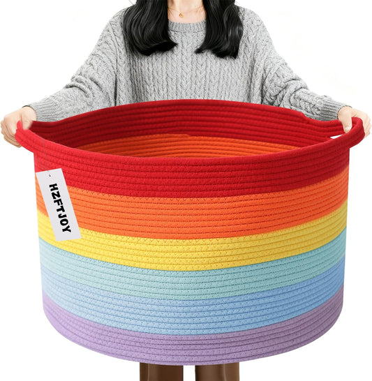 Large Blanket Basket for Organizing,115L Closet Organizers and Storage Bins Box for Shelves Woven Rope Storage Baskets,Living Room,Bedroom,Dorm,Laundry room (Rainbow)