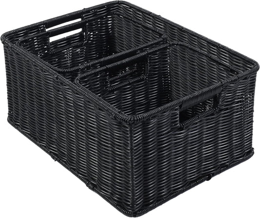 HOONEX Large Wicker Baskets for Storage, Woven Plastic With Dual Handles, Set of 3, Black