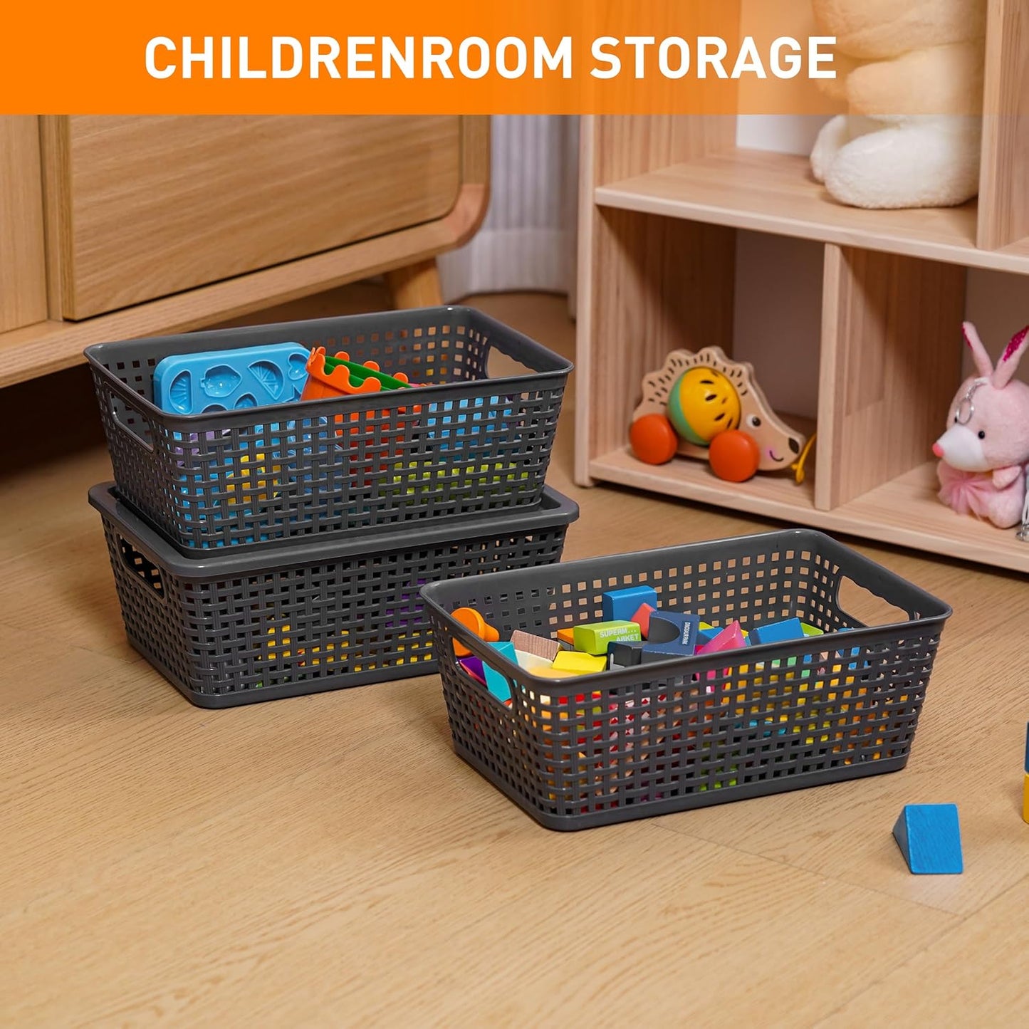 Plastic Storage Baskets With Lid, Storage Bins for Organizing, Stackable Decorative Containers for Shelves Drawers Desktop Closet Playroom Classroom Office, 8 Pack-Grey