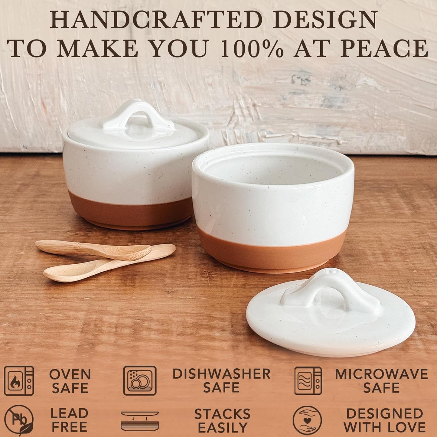 Mora Ceramic Salt and Pepper Cellar Set with Lid - 10 oz Modern Canister/Container/Bowl for Storage, Sea Salt, Spice, Sugar, Countertop - Small Dish/Jar with Wood Spoon, White Crock