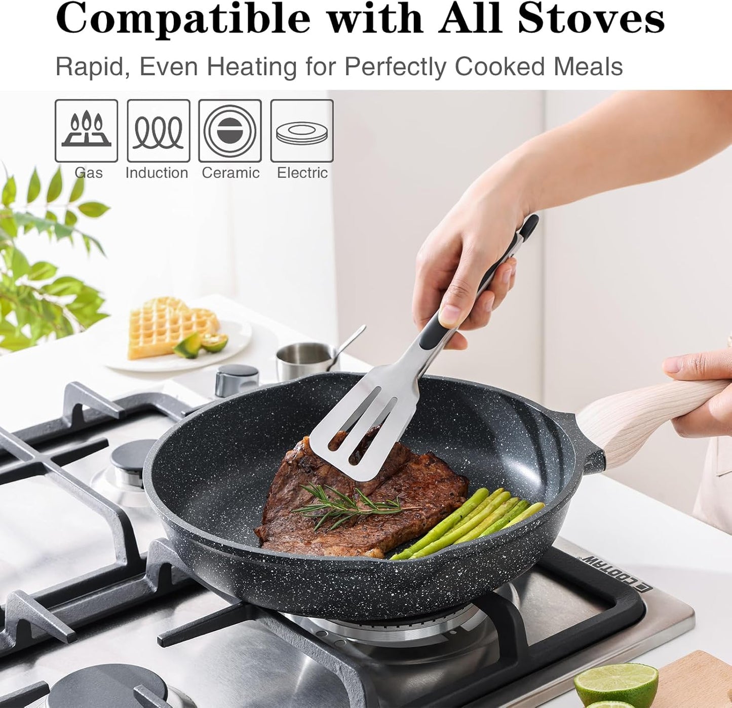 Nonstick Frying Pan Skillet with Lid, 9.5 Inch Granite Egg Omelet Pan, Healthy and Non Toxic, Induction Compatible, PFOA Free