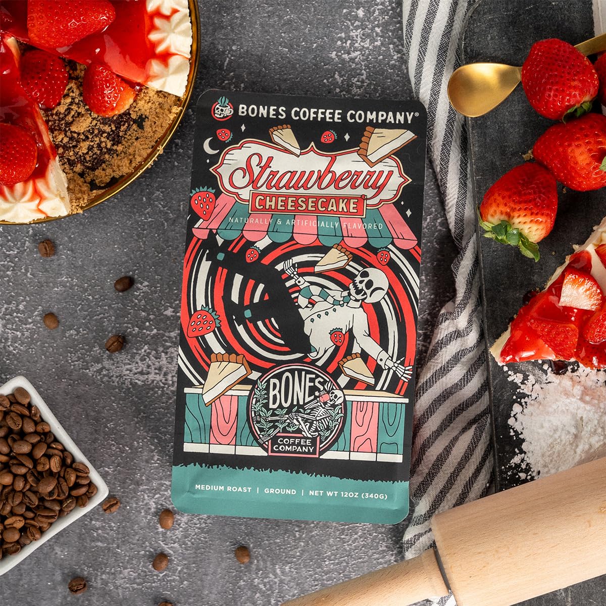 Bones Coffee Company Strawberry Cheesecake Flavored Coffee, Medium Roast Low Acid Arabica Beans Compatible with Auto drip and French Press Coffee Maker, 12 Oz Whole Bean
