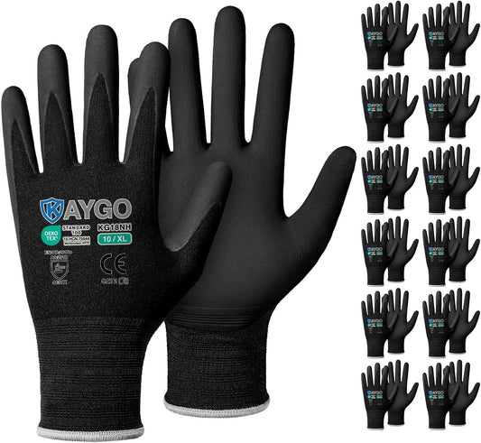 KAYGO Safety Work Gloves MicroFoam Nitrile Coated, 12 Pairs KG18NB,Seamless Knit Nylon Glove with full fingers Touchscreen, Ideal for Automotive,Warehouse,Construction (XL, Black)
