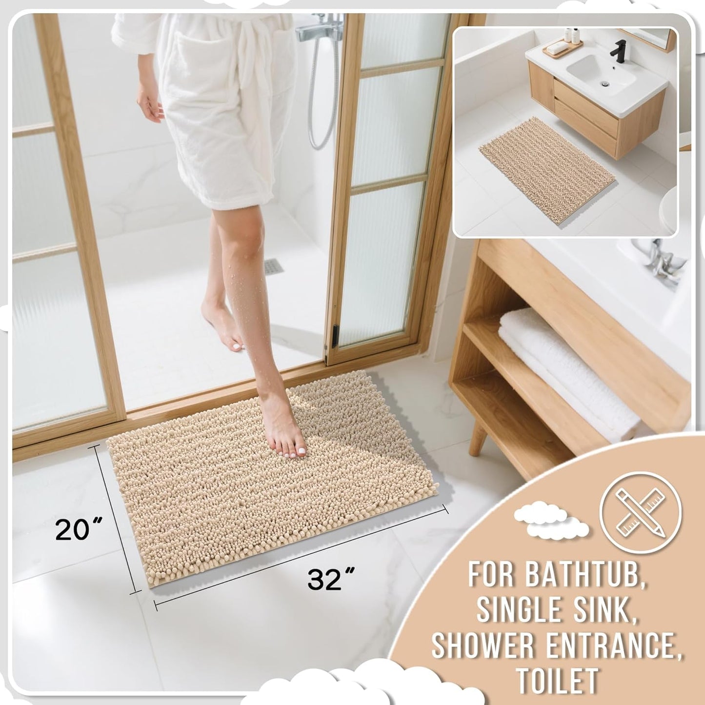 Yimobra Bathroom Rugs Non Slip Washable 32x20 Inch - Ultra Soft Absorbent Chenille Bath Mat, Quick Dry Shaggy Floor Carpet for Tub Shower, Light Brown Home Decor Accessories