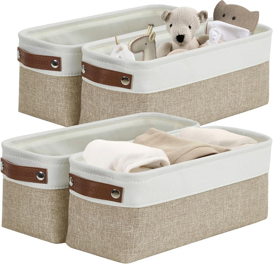 DECOMOMO Narrow Storage Bins Small Baskets for Organizing Bathroom, Toilet Tank, Towel Storage, Entryway, Gifts (Beige and White - Set of 4)