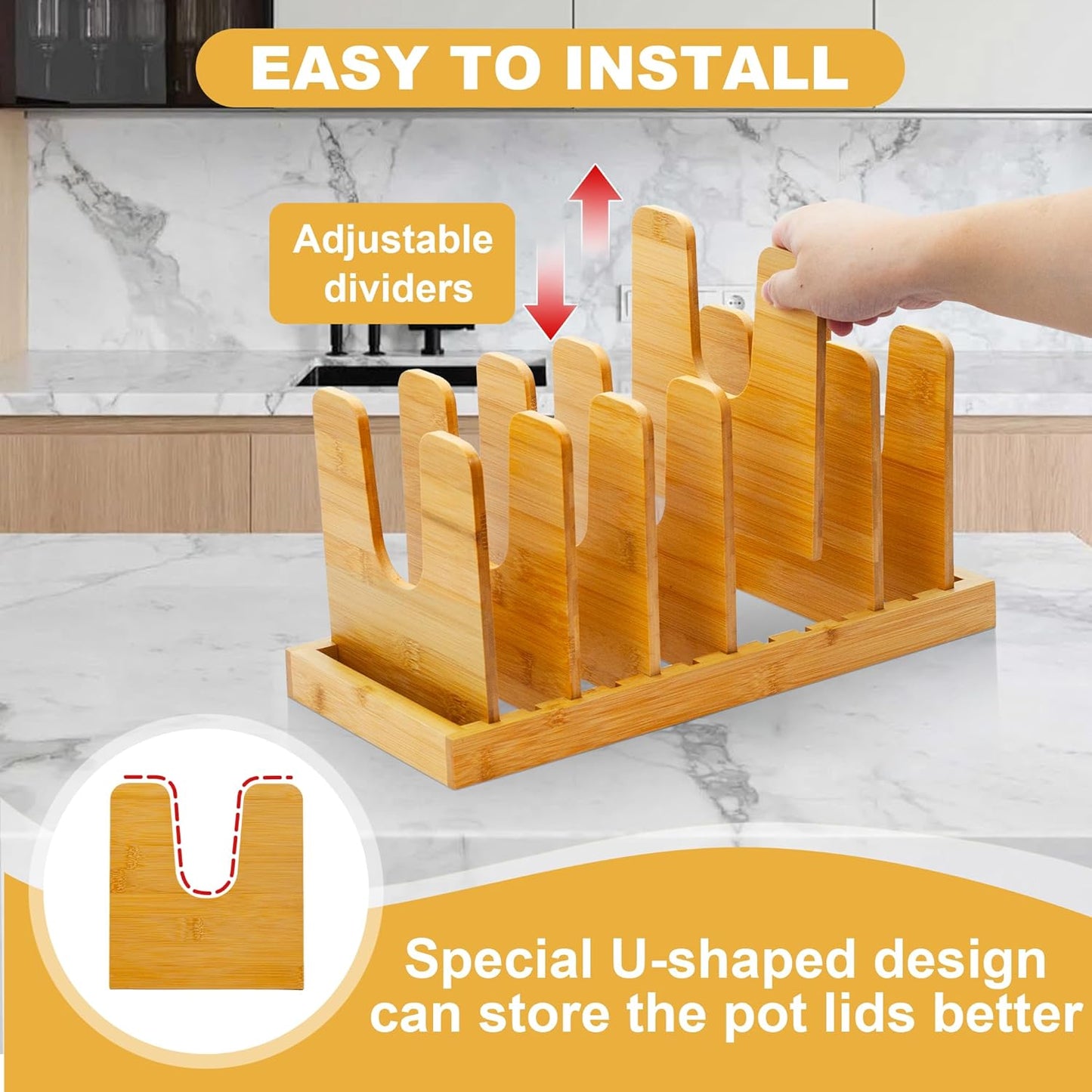 MinBoo Bamboo Pot Lid Organizer Pot Lid Holder, Pot and Pan Organizer Drawer Organizer for Pot Lids, Pans, Cutting Boards & Baking Sheets, Dinner Plates