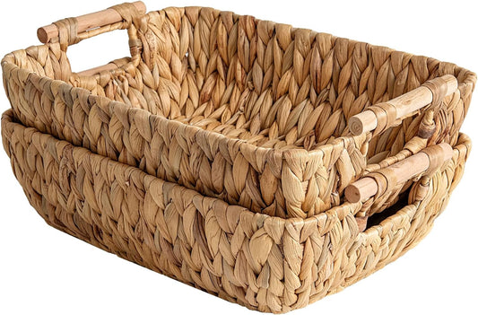 StorageWorks Hand-Woven Large Storage Baskets with Wooden Handles, Water Hyacinth Wicker Baskets for Organizing, 2-Pack