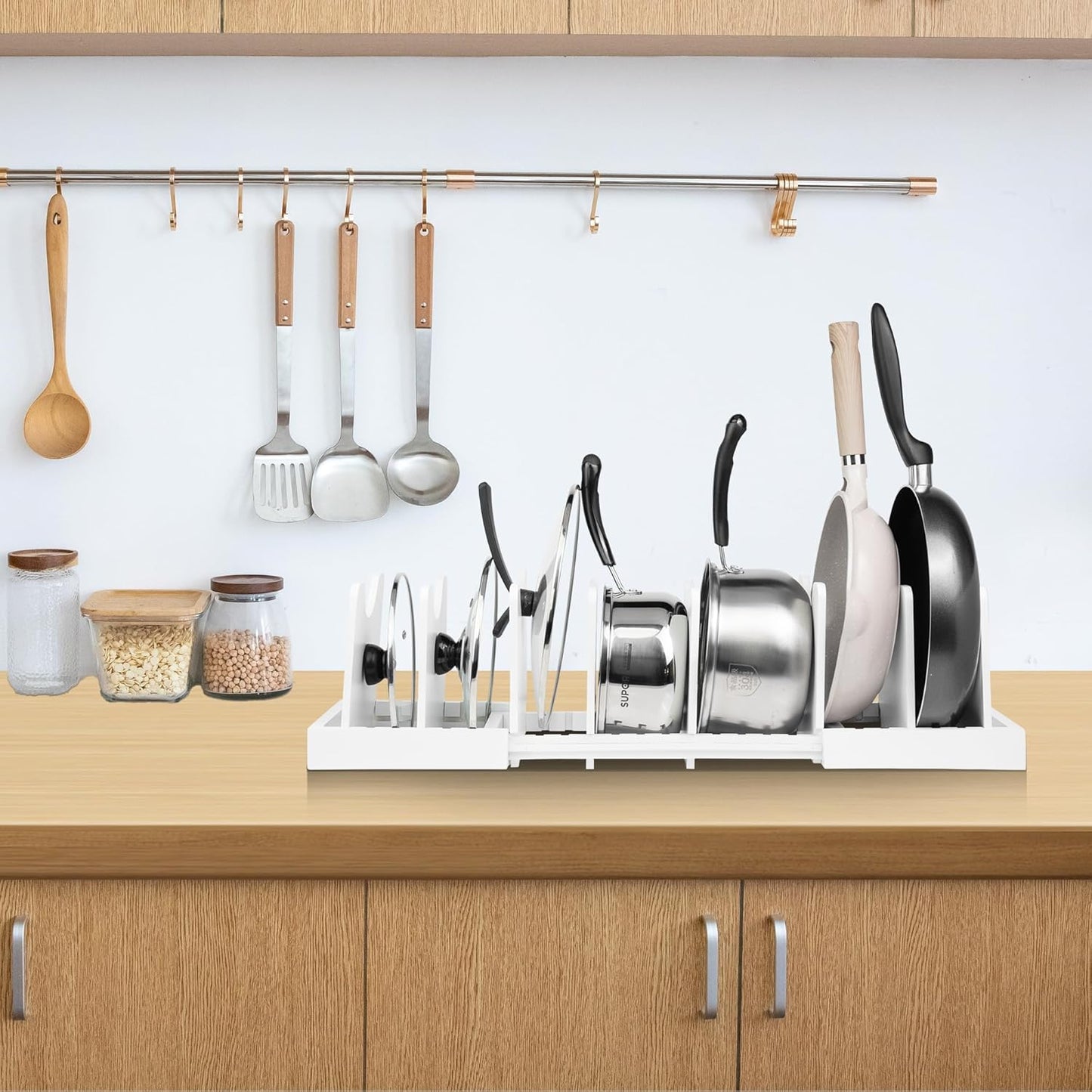 MinBoo Bamboo Expandable Pot Lid Organizer Pot Lid Holder, Pot and Pan Organizer Drawer Organizer for Pot Lids, Adjustable Dividers for Kitchen Cabinet Organizers and Storage,White,Large