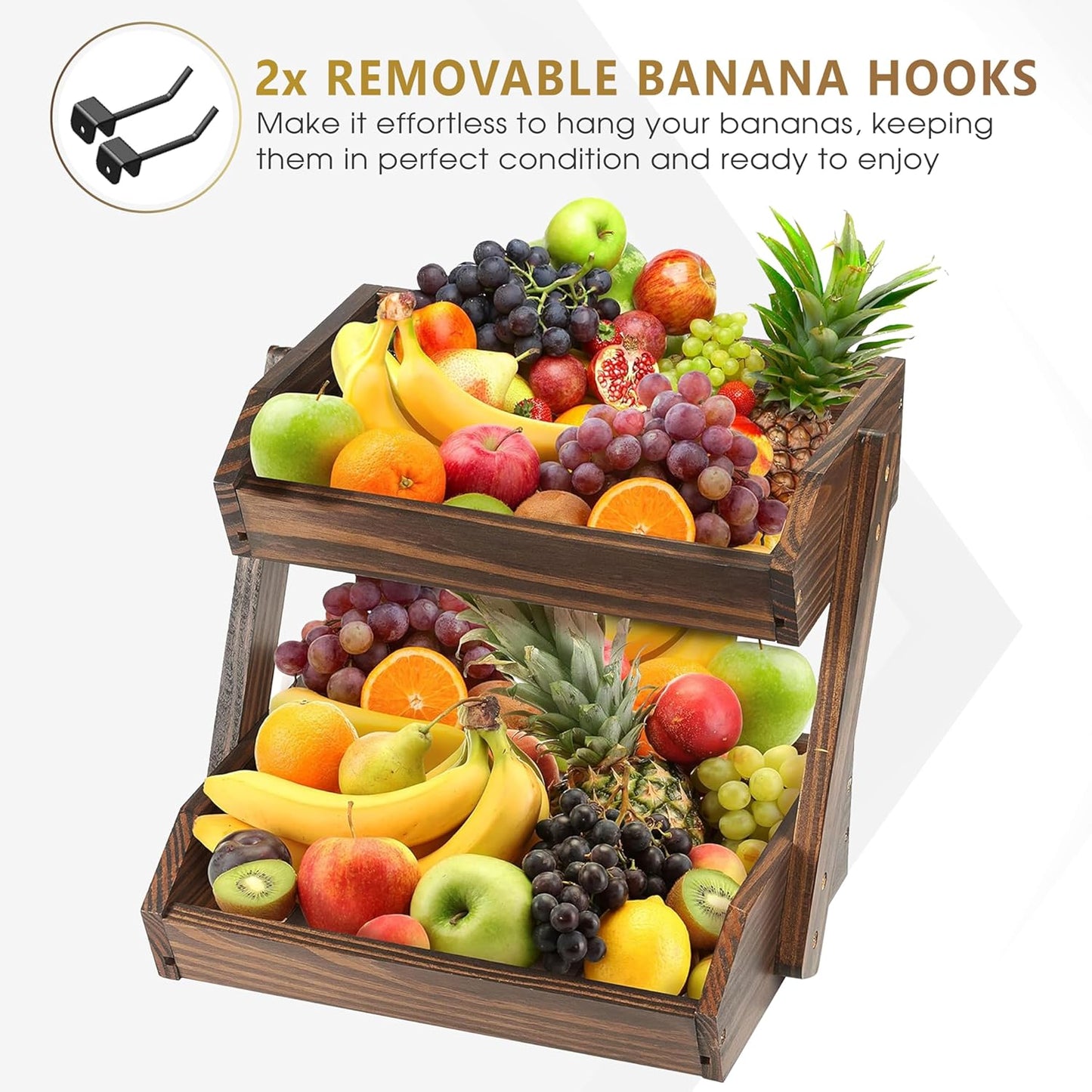 Large Capacity 2-Tier Wooden Fruit Basket, Durable Acacia Wood, 10.5" Tall, Spacious for Produce, Vegetables, Bread Storage and Home Kitchen Countertop